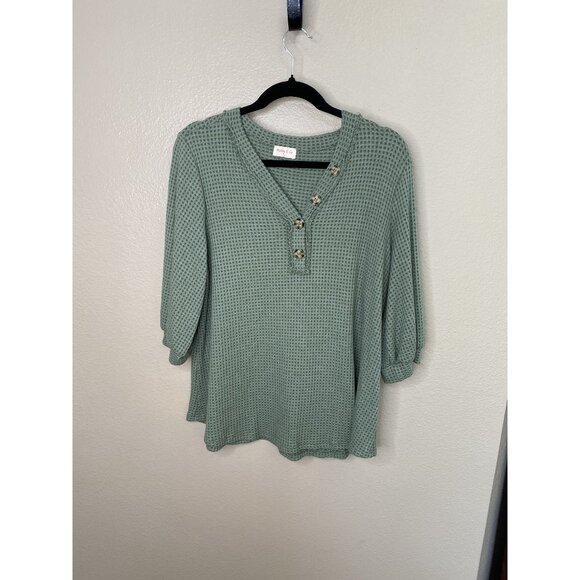 Hailey & Co Womens Green Blouse 1X‎ waffle 3/4 sleeve v-neck nylon pullover - Picture 1 of 6